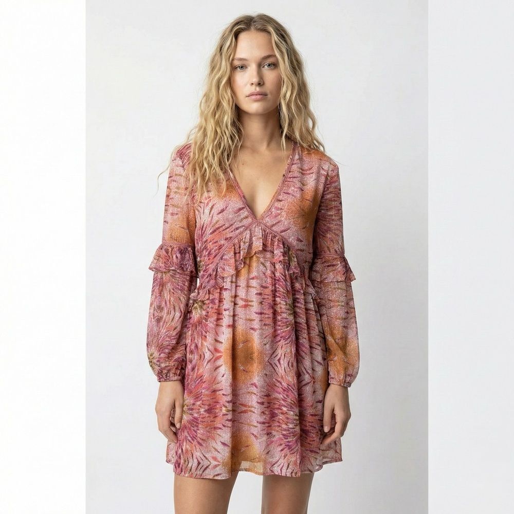 RAGA Ruffle Mini Dress Large NWT Pink Floral Anthropologie Boho Festival Shimmer